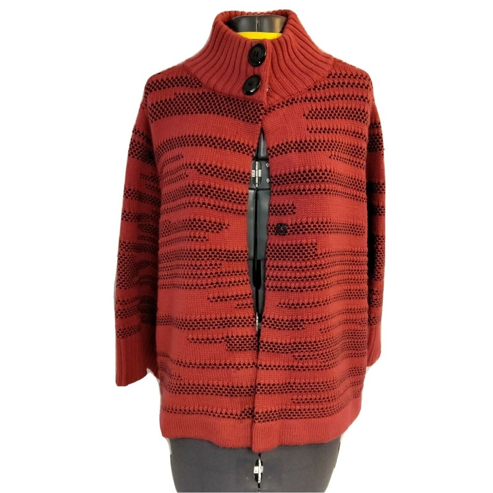 Chicos Red Black Cardigan Sweater Size 3 = 16 XL Chunky 3 Snap Acrylic Wool Cozy